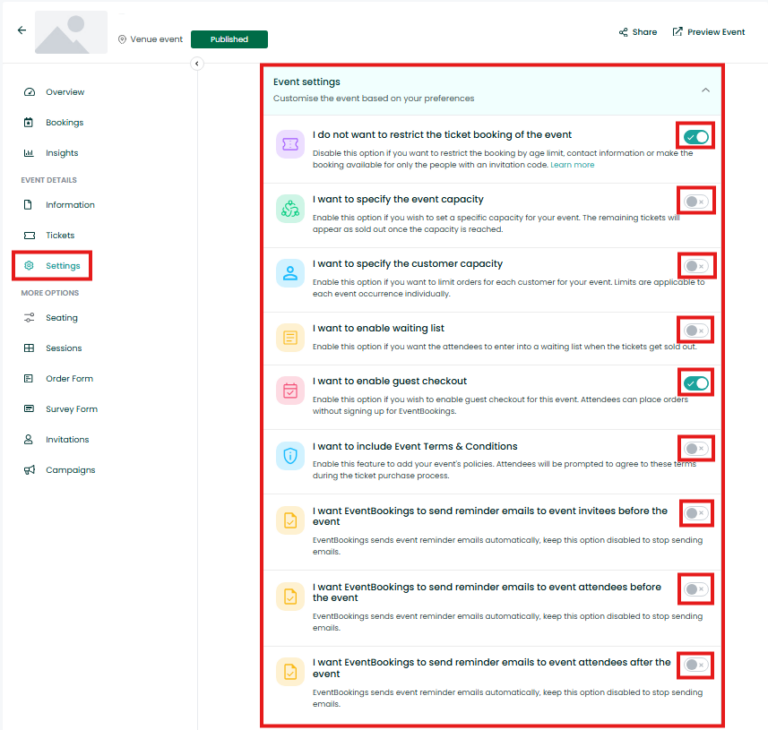 Event settings | EventBookings Help Center